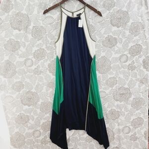 Ann Taylor Navy and Green Colorblock Midi Dress